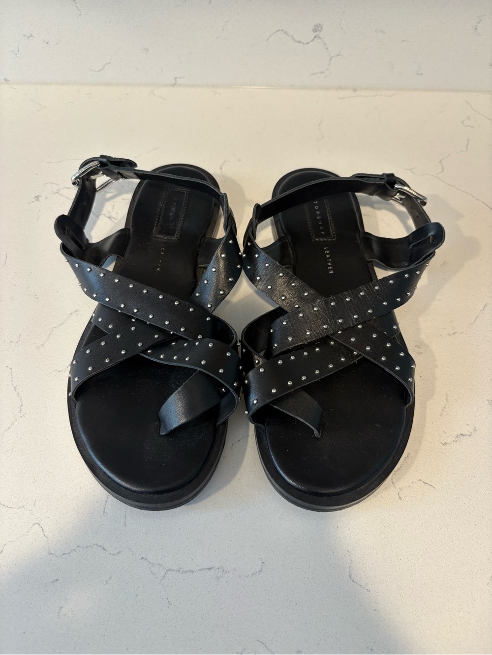 Black Studded Crisscross top shop, Leather Sandals - Women